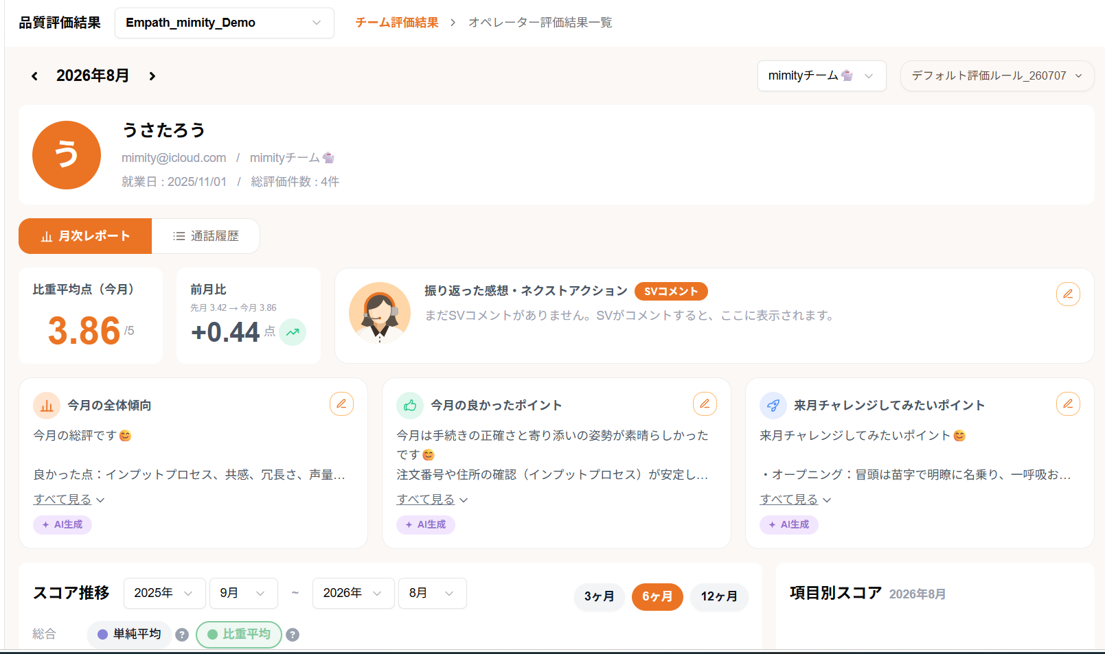 mimity のオペレーター月次レポート画面。比重平均点、前月比、AIが生成した今月の全体傾向・良かったポイント・来月チャレンジしてみたいポイントが表示されている